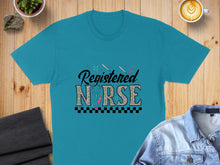 Load image into Gallery viewer, Teal t-shirt with "Registered Nurse" text and medical stethoscope and needle graphics.
