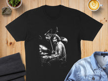 Load image into Gallery viewer, Vintage Drummer Graphic Design on Black T-shirt Product
