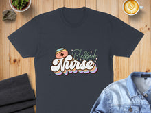 Load image into Gallery viewer, Dark t-shirt with "Blessed Nurse" text and pastel wavy stripes.
