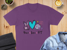 Load image into Gallery viewer, Purple t-shirt with "Peace love PT" and Easter bunny, heart, and therapy ball graphic.
