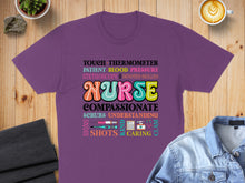 Load image into Gallery viewer, Purple t-shirt with colorful text including "NURSE", "COMPASSIONATE", and medical terms.
