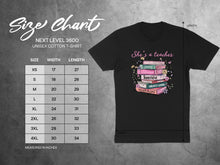 Load image into Gallery viewer, Size chart for Next Level 3600 unisex t-shirt with graphic.
