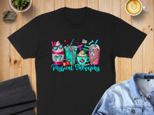 Load image into Gallery viewer, Black t-shirt with "Physical Therapy" text and medical themed coffee drinks.
