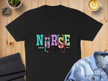 Load image into Gallery viewer, Black t-shirt with "Nurse Life" text and stethoscope graphic.
