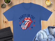 Load image into Gallery viewer, Blue t-shirt with "Party in the USA" text and American flag tongue graphic.
