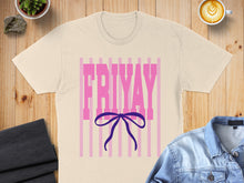 Load image into Gallery viewer, Cream t-shirt with "FRIDAY" in pink stripes and purple bow.
