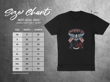Load image into Gallery viewer, Next Level 3600 unisex cotton t-shirt size chart with measurements.
