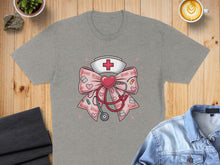 Load image into Gallery viewer, Gray t-shirt featuring a pink ribbon with stethoscope, hearts, and XOXO pattern.
