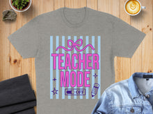 Load image into Gallery viewer, Grey t-shirt with "Teacher Mode" graphic and blue stripes.
