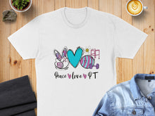 Load image into Gallery viewer, White t-shirt with "Peace love PT" and abstract physiotherapy graphics.
