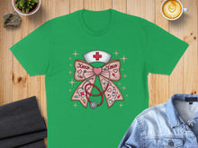 Load image into Gallery viewer, Green t-shirt with stethoscope, pink bow, and "XOXO" text.
