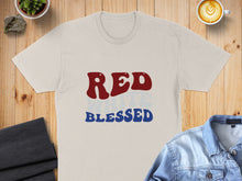 Load image into Gallery viewer, Cream t-shirt with "RED WHITE BLESSED" text in retro font.
