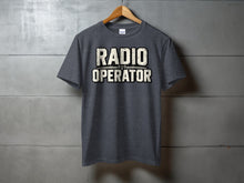 Load image into Gallery viewer, Dark gray t-shirt with distressed "RADIO OPERATOR" text and radio waves.
