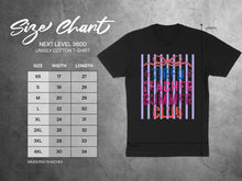 Load image into Gallery viewer, Next Level 3600 t-shirt size chart with measurements for unisex cotton t-shirts.
