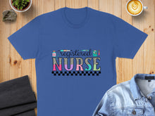 Load image into Gallery viewer, Blue t-shirt with "Registered Nurse" text and medical icons.
