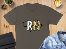 Load image into Gallery viewer, T-shirt with "RN" design featuring stethoscope, medical cross, and Halloween eyeballs.
