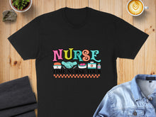Load image into Gallery viewer, Black t-shirt with "Nurse Time Tour" graphic in colorful retro lettering.
