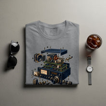 Load image into Gallery viewer, Gray t-shirt featuring an exploded view illustration of a ham radio.
