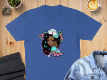 Load image into Gallery viewer, Black Nurse Magic graphic with butterflies on a blue t-shirt.

