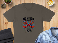 Load image into Gallery viewer, T-shirt with "No Kings in America Since 1776" and crown graphic.
