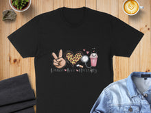 Load image into Gallery viewer, Black t-shirt with "Peace Love Nursing" text, stethoscope, and pink heart.
