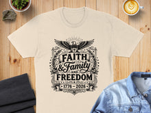 Load image into Gallery viewer, T-shirt with "Faith and Family and Freedom" and eagle emblem.
