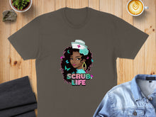 Load image into Gallery viewer, T-shirt graphic featuring a nurse with colorful butterflies and "Scrub Life" text.

