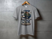 Load image into Gallery viewer, Grey t-shirt with an exploded view diagram of a radio and text "Built to Transmit".

