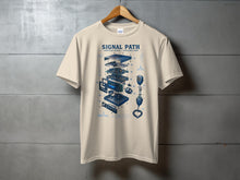 Load image into Gallery viewer, Cream t-shirt with blue "Signal Path Amateur Radio Exploded View" graphic.
