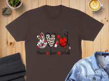 Load image into Gallery viewer, Brown t-shirt with a graphic of a stethoscope, hearts, and a peace sign, reading "Peace Love Scrub".
