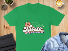 Load image into Gallery viewer, Green t-shirt with "Blessed Nurse" text in retro wavy font and nurse cap graphic.
