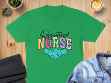 Load image into Gallery viewer, Green t-shirt with "Registered Nurse" text and handshake graphic.
