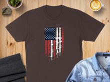 Load image into Gallery viewer, Brown t-shirt with American flag design made of rifles.

