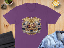 Load image into Gallery viewer, Purple t-shirt with 250th Anniversary eagle emblem, 1776-2026.
