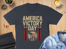 Load image into Gallery viewer, Navy t-shirt with "America Victory Day May 8" and American flag graphic.
