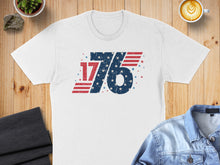 Load image into Gallery viewer, White t-shirt with distressed "1776" American flag graphic and small stars.
