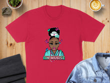 Load image into Gallery viewer, Red t-shirt featuring a cartoon nurse with butterflies and "RN NURSE" text.

