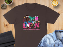 Load image into Gallery viewer, Brown t-shirt with "LPN #thekindnurse" graphic featuring a nurse with stethoscope and IV bag.
