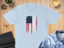 Load image into Gallery viewer, Light blue t-shirt with American flag design made of firearms.
