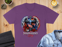 Load image into Gallery viewer, Purple t-shirt with patriotic eagle and cross graphic for Independence Day.
