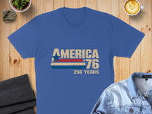 Load image into Gallery viewer, Blue t-shirt with "AMERICA '76 250 YEARS" graphic in distressed red, white, and blue.
