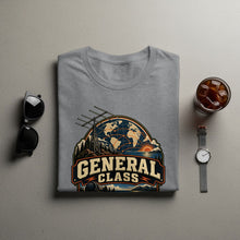 Load image into Gallery viewer, Gray t-shirt with "GENERAL CLASS" text and a world map graphic.
