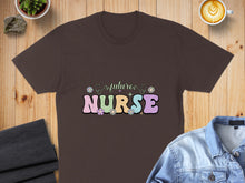 Load image into Gallery viewer, Brown t-shirt with "future NURSE" in pastel, wavy font with floral accents.
