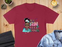 Load image into Gallery viewer, Burgundy t-shirt with colorful "you RN good hands" graphic featuring butterflies.
