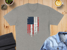 Load image into Gallery viewer, American flag made of rifles on a grey t-shirt.
