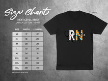 Load image into Gallery viewer, Unisex cotton t-shirt size chart with RN graphic and measurements.
