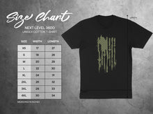 Load image into Gallery viewer, Next Level 3600 unisex t-shirt size chart with measurements in inches.
