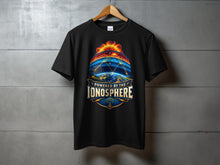 Load image into Gallery viewer, Black t-shirt with "Powered by the Ionosphere" graphic showing Earth, sun, and radio waves.
