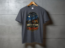 Load image into Gallery viewer, Dark grey t-shirt with "When the city sleeps I transmit" graphic.
