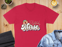 Load image into Gallery viewer, Red t-shirt with "Blessed Nurse" text and colorful wavy design.
